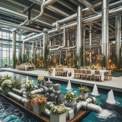 Modern industial pumps operating in a wedding venue’s water system, ensuring flawless landscaping and cleanliness.