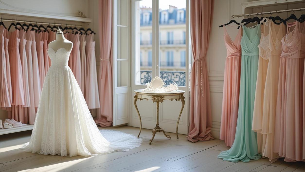 Sunlit French bridal boutique with gowns, pearl accessories, and vintage wedding decor.