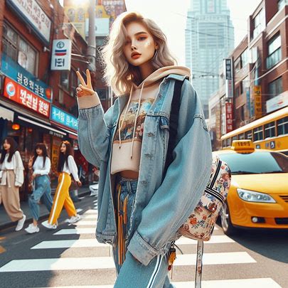 Street-style Korean fashion scene in a vibrant urban neighborhood.