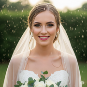 A beautiful bride is smiling in a gentle rain shower, her makeup appears flawless and completely waterproof. She is holding a bouquet of flowers and is wearing a wedding dress and veil.
