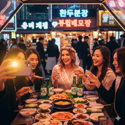 A bachelorette party in a modern Korean pocha, with the bride-to-be and her friends smiling and enjoying food and drinks.