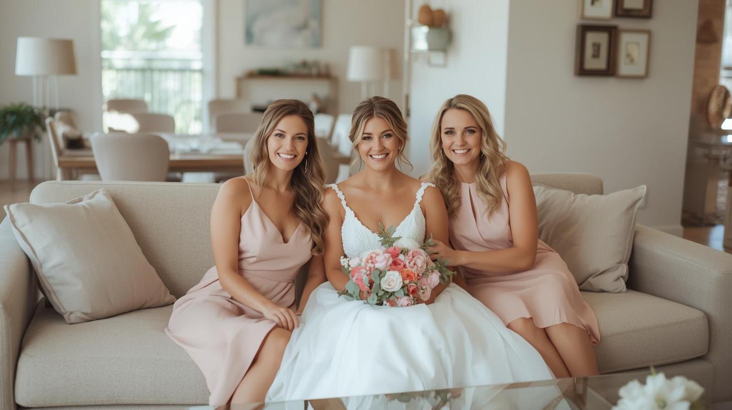 Bride and bridesmaids smiling on clean sofa in bright, elegant Sunshine Coast room.