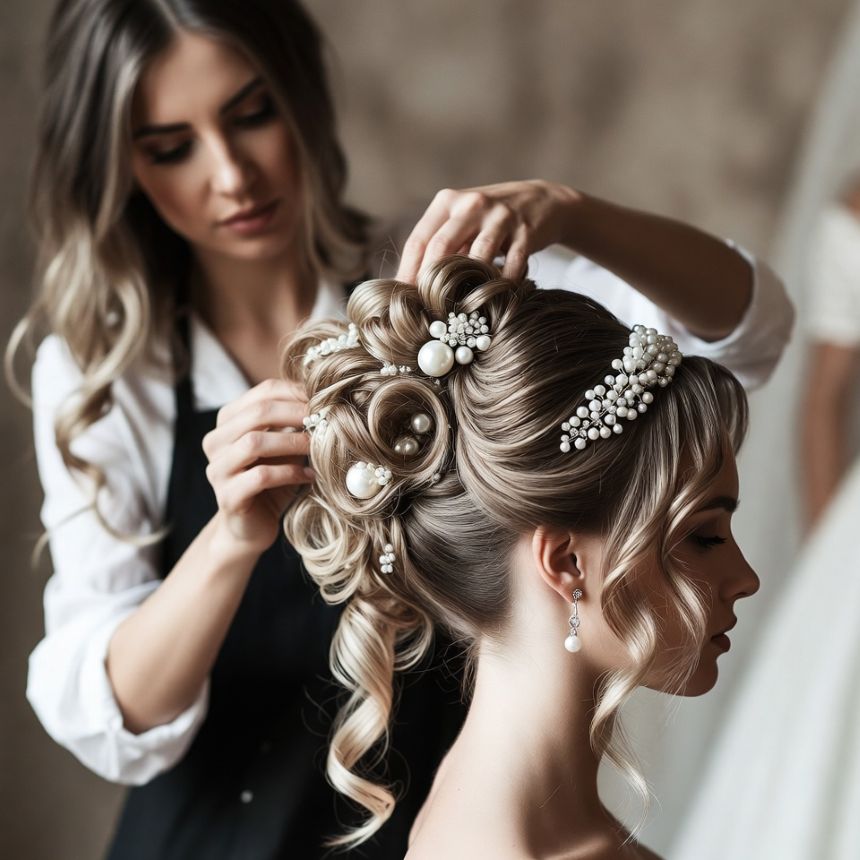 prepping the bride for a wedding shoot