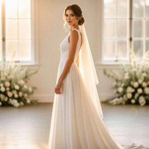 Beautiful bride wearing a modern minimalist wedding gown with flowing chiffon fabric, elegant bridal hairstyle, standing in a bright wedding venue, soft romantic lighting, high-end bridal fashion.