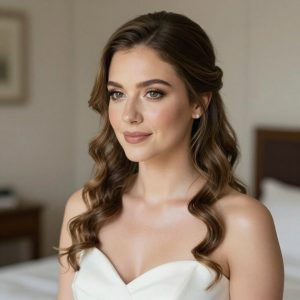 Elegant bride with soft glam wedding makeup, glowing skin, natural bridal hairstyle with loose waves, wearing a modern white wedding gown, soft natural lighting, romantic wedding photography style.
