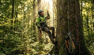 Tree climber wearing professional tree climbing equipment ascending a large forest tree using ropes and harness, sunlight streaming through leaves, romantic forest setting with soft natural light.