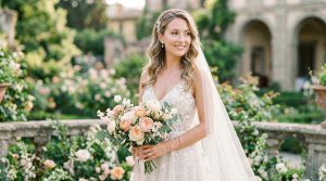 A beautiful bride with soft glam makeup, glowing skin, neutral eyeshadow, romantic loose waves hairstyle, elegant wedding dress
