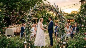 A romantic intimate garden wedding ceremony with elegant floral arrangements
