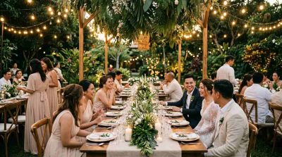 An elegant eco-friendly wedding reception with reusable floral arrangements, natural decorations, sustainable table settings, elegant wedding attire